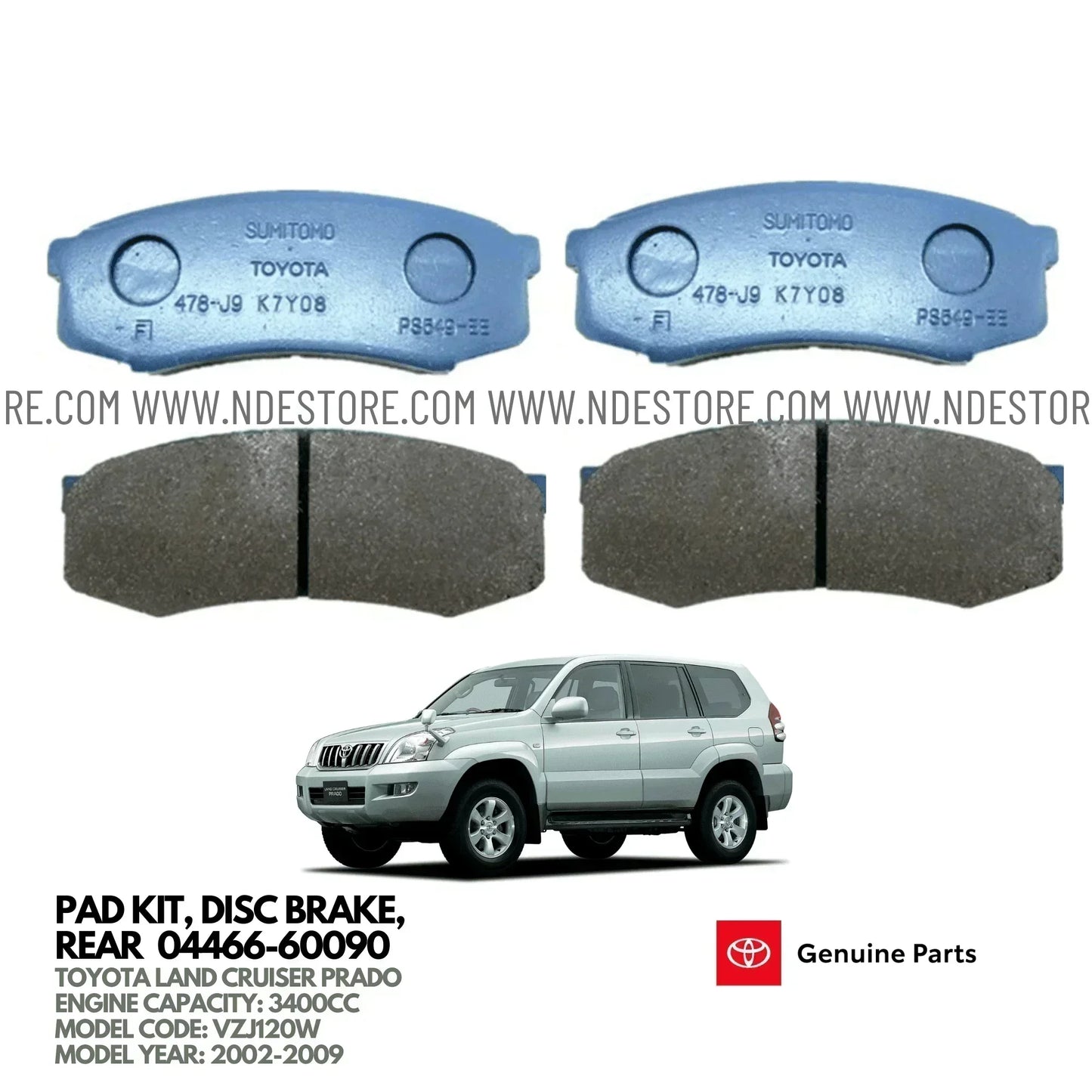 BRAKE DISC PAD SET REAR GENUINE FOR TOYOTA LAND CRUISER PRADO 3400CC (2002-2009) - ndestore.com