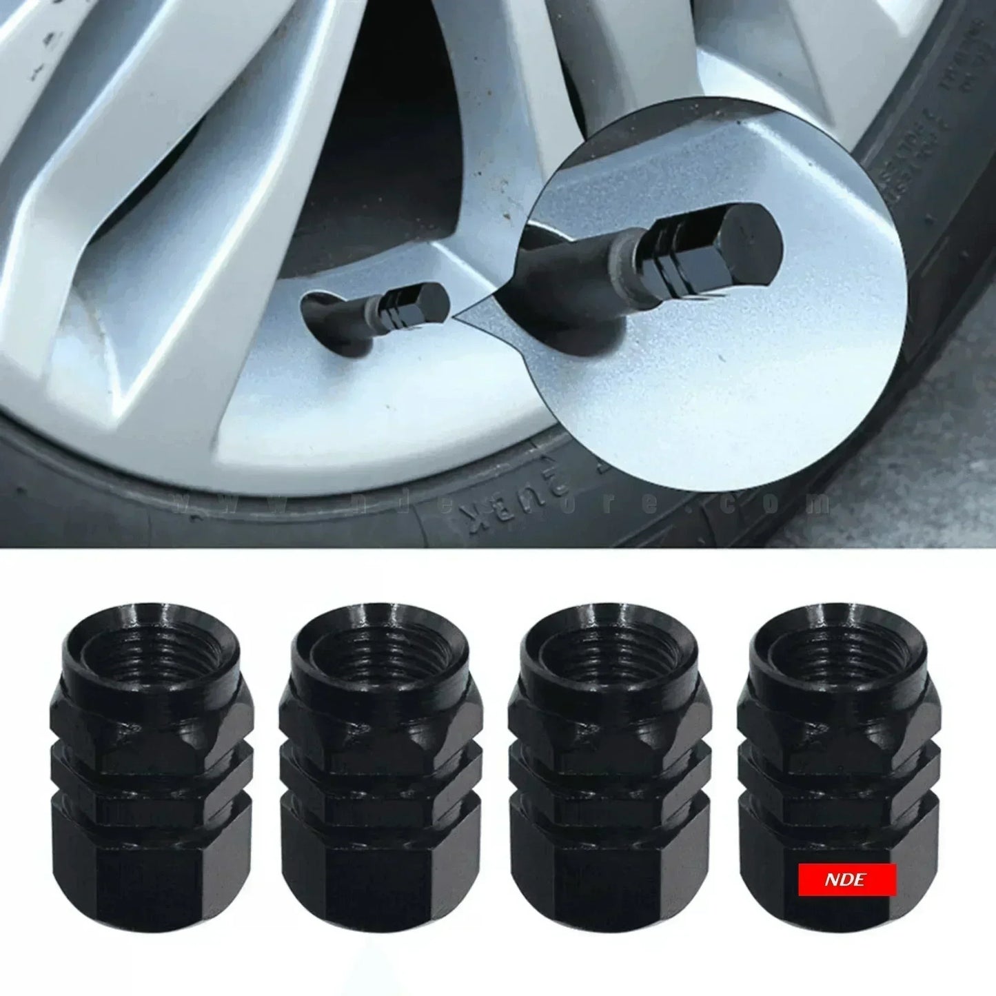 WHEEL NOZZLE CAPS ALUMINUM CHROME UNIVERSAL HEXAGONAL SHAPE BLACK COLOR - ndestore.com