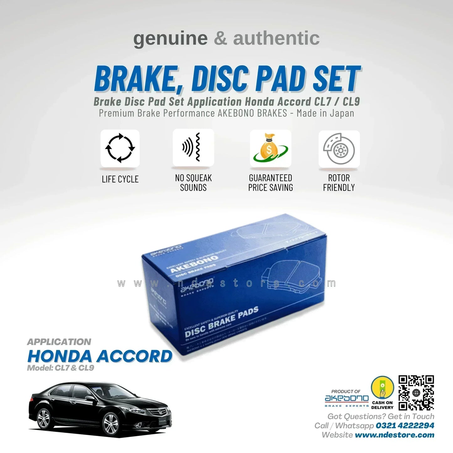 BRAKE DISC PAD SET FRONT AKEBONO FOR HONDA ACCORD CL7 / CL9 - ndestore.com
