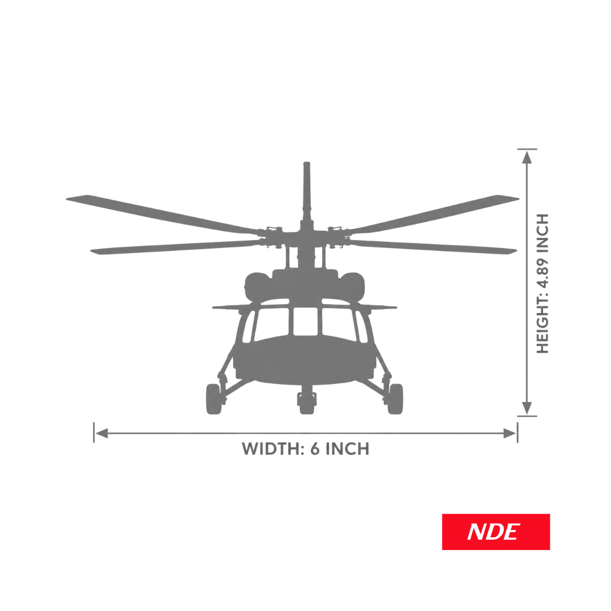 A gray silhouette diagram of a helicopter with dimension labels showing width as 6 inch and height as 4.89 inch, on a white background with an NDE logo in the bottom right corner.