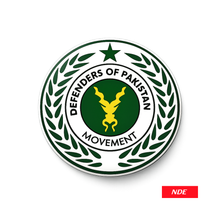 A circular emblem featuring the text 'DEFENDERS OF PAKISTAN MOVEMENT' in black around a green center with a yellow bird motif, surrounded by a white ring and green laurel wreath, on a white background with a small red 'NDE' label in the lower right.