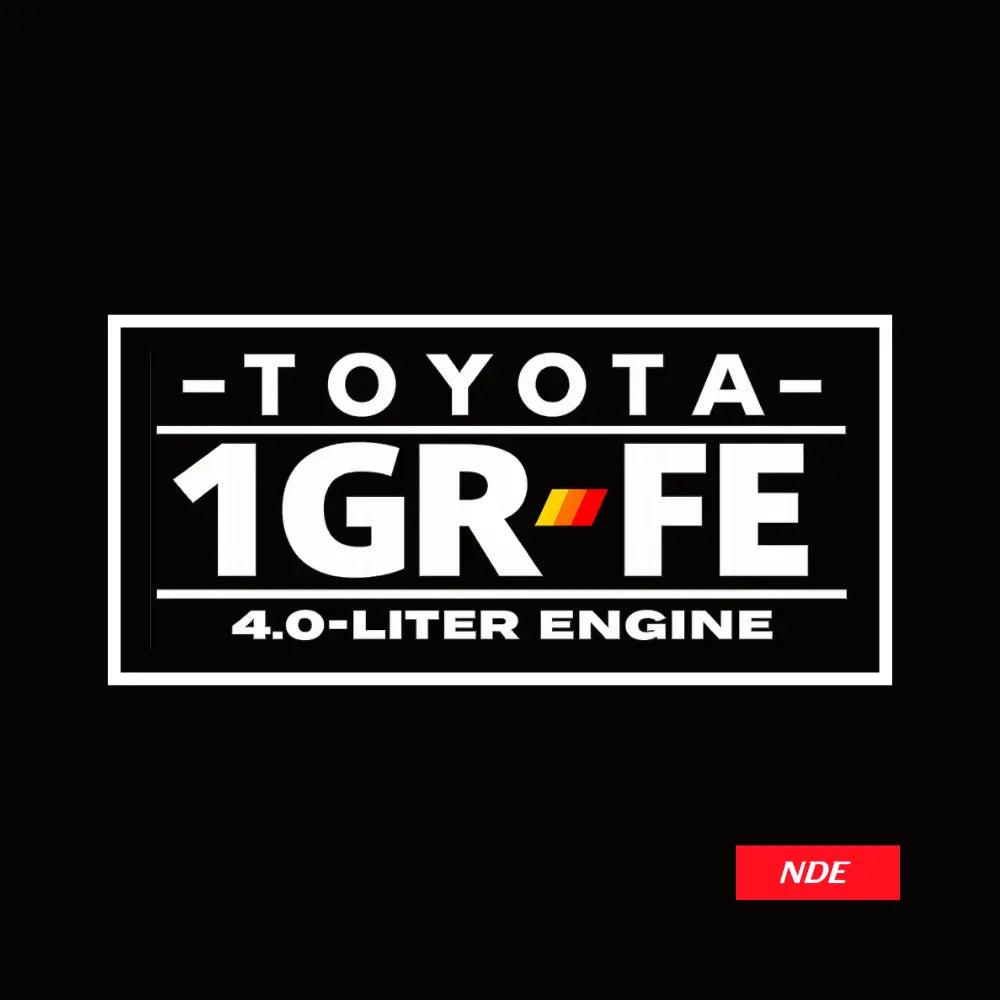 A black square graphic with a white rectangular logo reading 'TOYOTA 1GR-FE 4.0-LITER ENGINE' and a small red 'NDE' badge in the lower right corner.