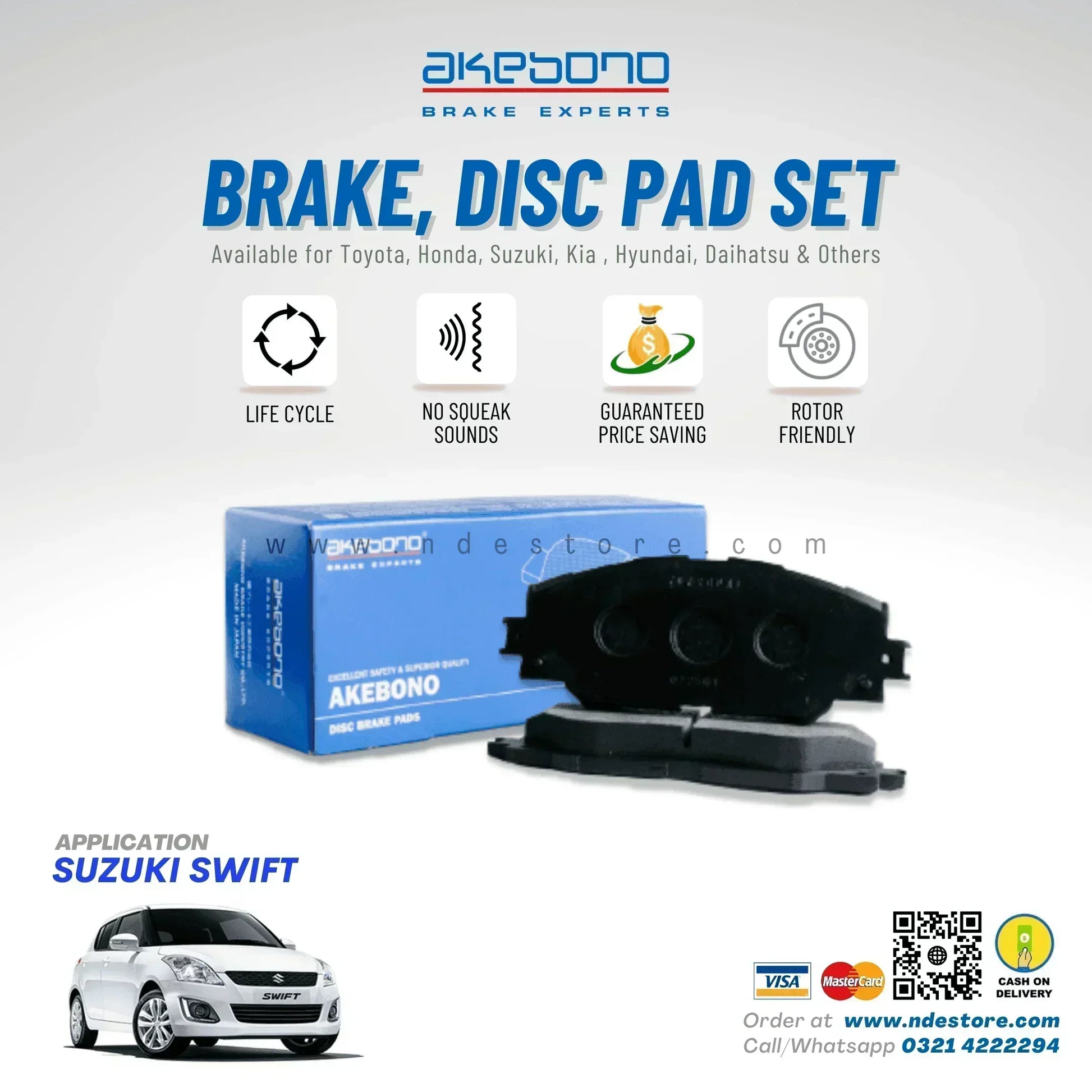 BRAKE DISC PAD SET FRONT AKEBONO FOR SUZUKI SWIFT (2008-2021) - ndestore.com