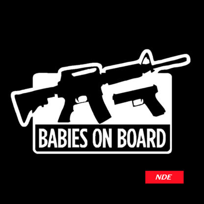 White silhouette of a rifle with 'Babies on Board' text on a black background, featuring the NDE logo.