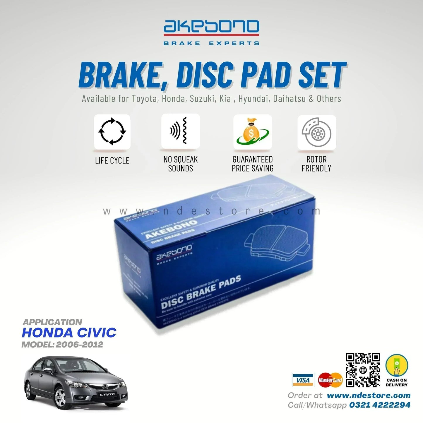 BRAKE DISC PAD SET FRONT AKEBONO FOR HONDA CIVIC (2006-2012) - ndestore.com