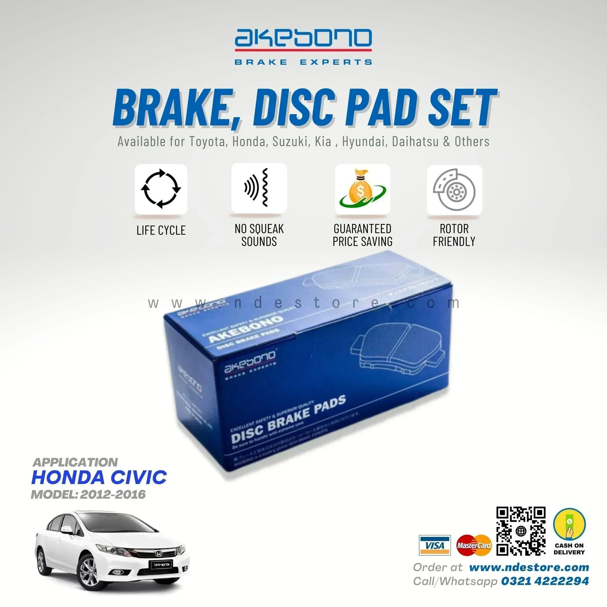 BRAKE DISC PAD SET FRONT AKEBONO FOR HONDA CIVIC (2012-2016) - ndestore.com