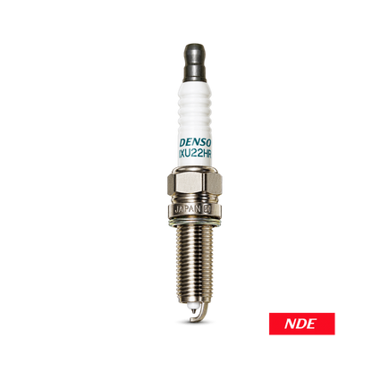 A single Denso DX22HR spark plug with a white ceramic body, silver metal electrodes, and a hex nut, shown vertically on a white background with an 'NDE' label in the bottom right corner.