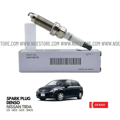 Denso iridium spark plug for Nissan Tiida, genuine auto part made in Japan, car shown