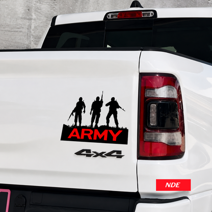 A black vinyl decal applied to the rear tailgate of a white pickup truck. The decal features three black soldier silhouettes standing on a black rectangular base with the word 'ARMY' in bold red letters, and '4x4' in black script below.