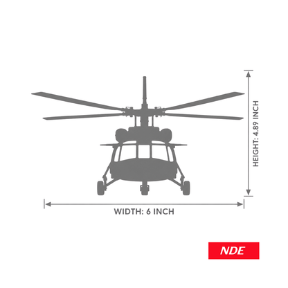 A gray silhouette diagram of a helicopter with dimension labels showing width as 6 inch and height as 4.89 inch, on a white background with an NDE logo in the bottom right corner.