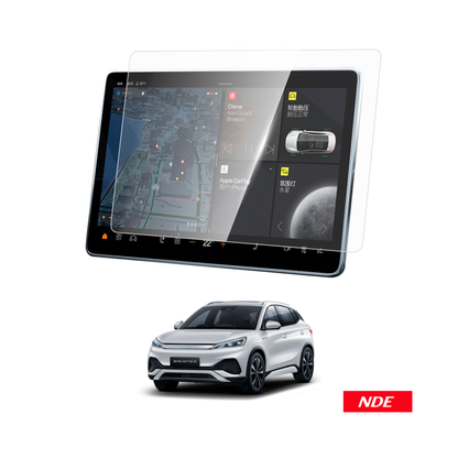 BYD ATTO 3 Glass Protector A clear screen protector with blue and green alignment labels is being applied to a car infotainment touchscreen by two hands inside a vehicle. Text at the top reads 'Easy To Stick & No Bubble' and a red badge at the bottom right says 'NDE'.