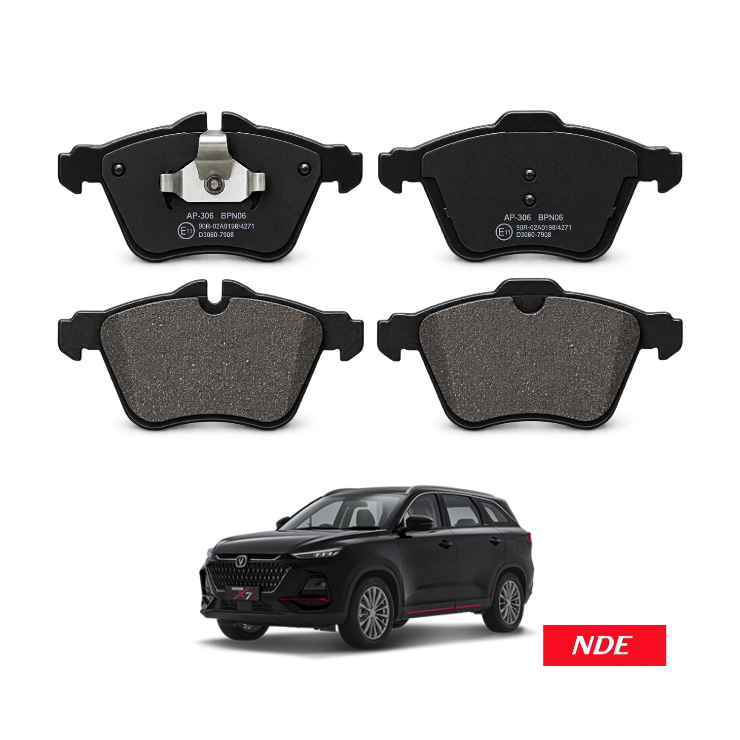 Four car brake pads shown from front and back on a white background, with a black SUV below and an NDE logo badge in the lower right.