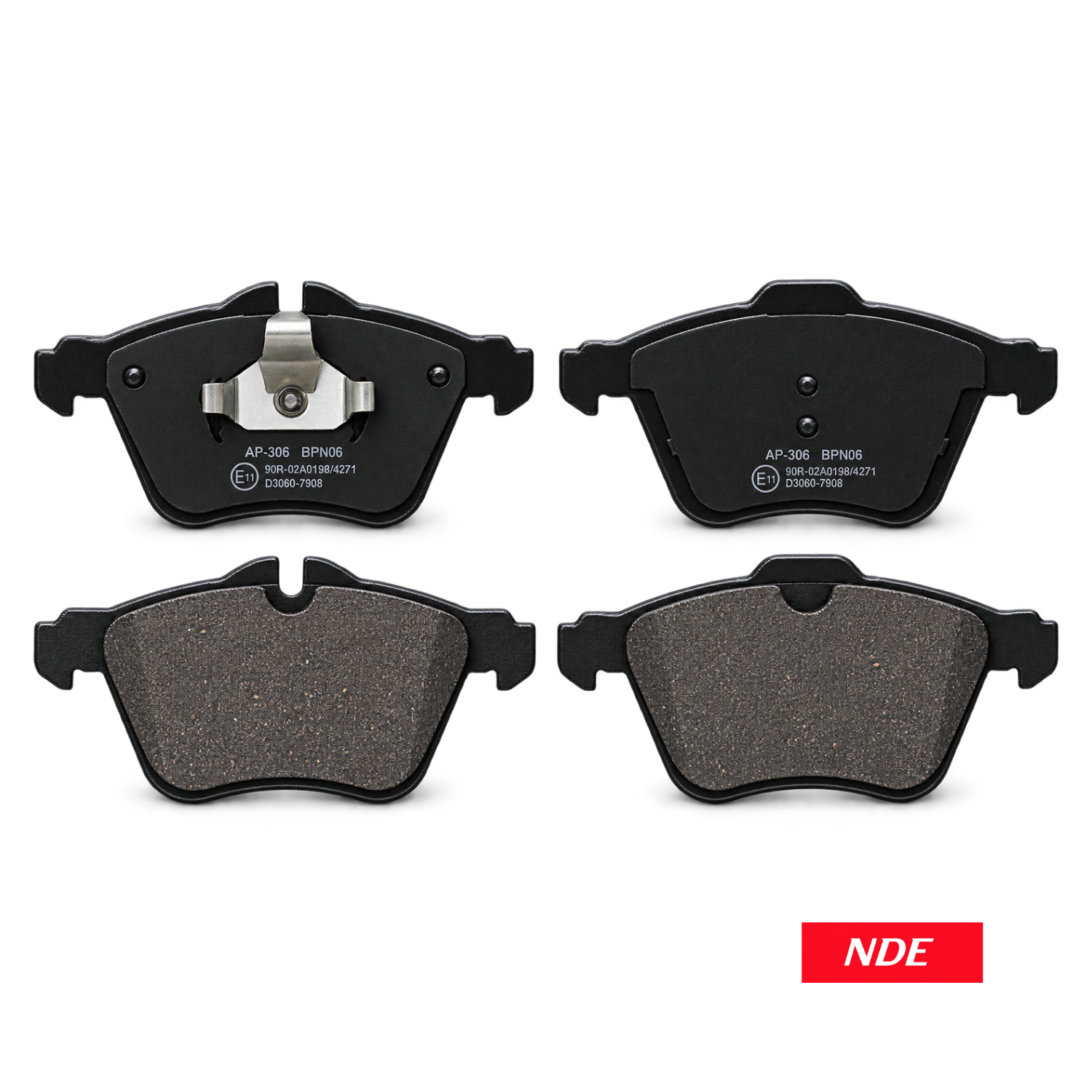 Four black automotive brake pads shown from both sides on a white background, with an NDE logo in the bottom right corner.