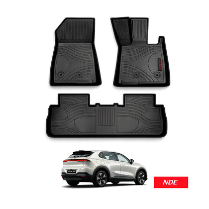 Four-piece black rubber car floor mat set including two front passenger and driver footwells, one rear passenger mat, and one full trunk liner, shown above a white SUV with an NDE logo badge on a white background.