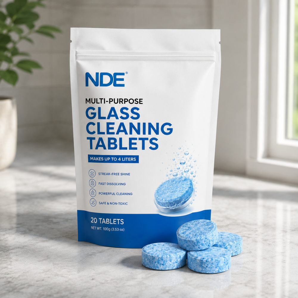 Premium NDE Glass Cleaning Tablets package with blue dissolving tablets for multi-purpose streak-free glass cleaning.