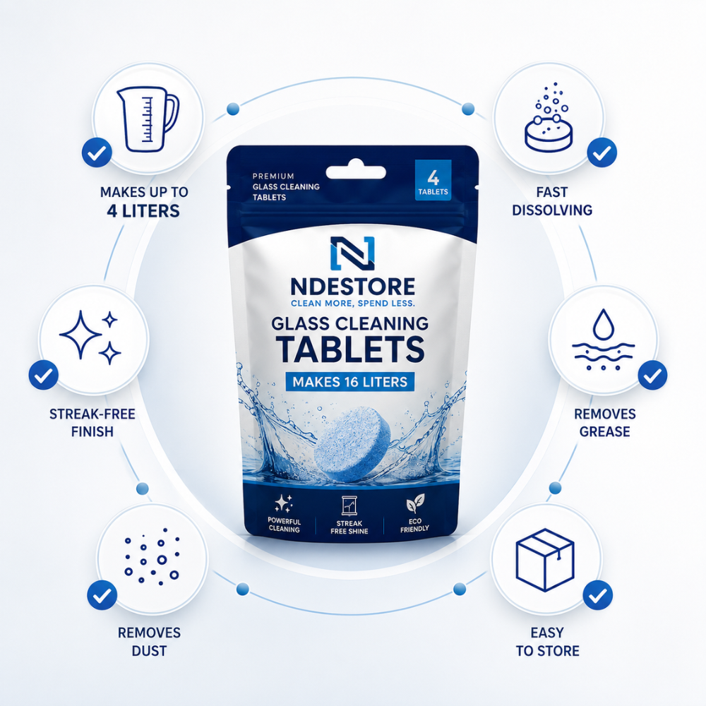 Benefits infographic of NDE Glass Cleaning Tablets for windows, mirrors, shower glass and household surfaces.