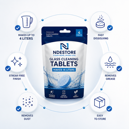 Benefits infographic of NDE Glass Cleaning Tablets for windows, mirrors, shower glass and household surfaces.