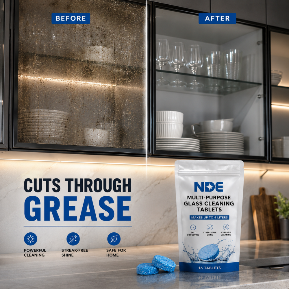 NDE Glass Cleaning Tablets cutting through grease on kitchen glass for a spotless streak-free finish.