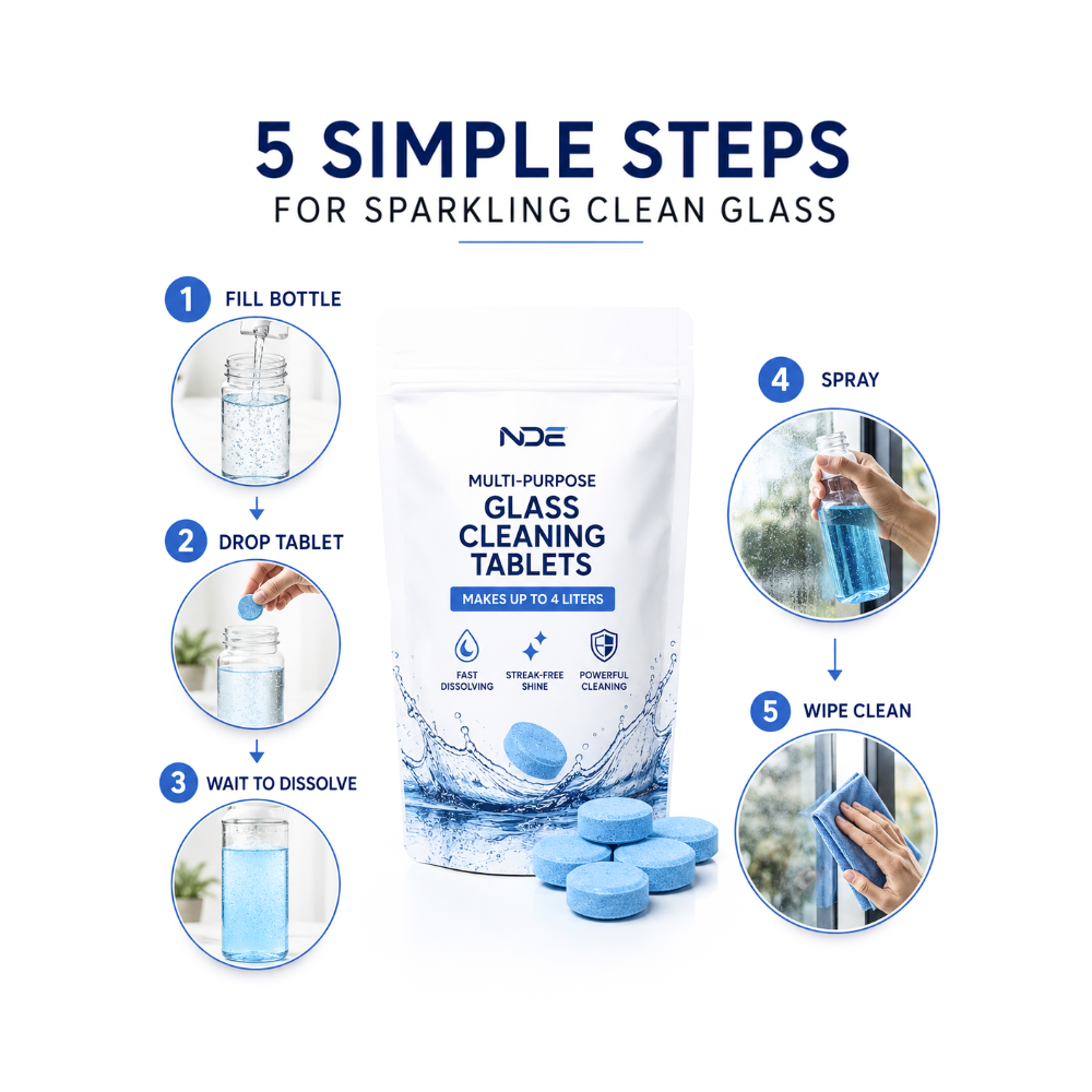 Five simple steps to make powerful glass cleaner using fast dissolving NDE Glass Cleaning Tablets.