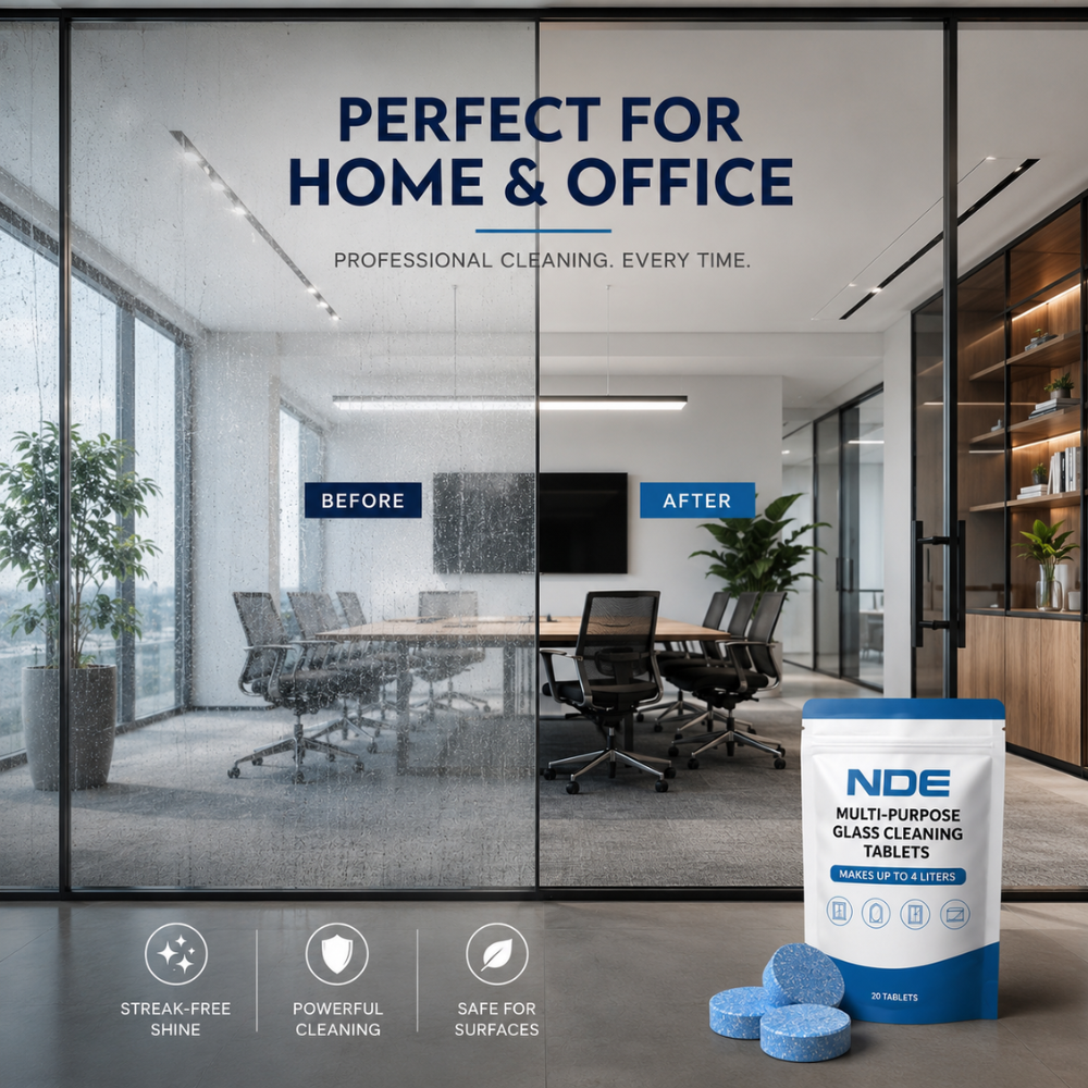 Modern office windows cleaned with NDE Glass Cleaning Tablets for crystal clear professional shine.