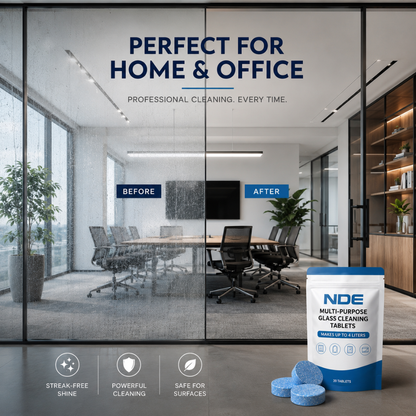 Modern office windows cleaned with NDE Glass Cleaning Tablets for crystal clear professional shine.