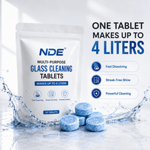 NDE Glass Cleaning Tablets pouch with blue cleaning tablets for streak-free glass cleaning, one tablet makes up to 4 liters.