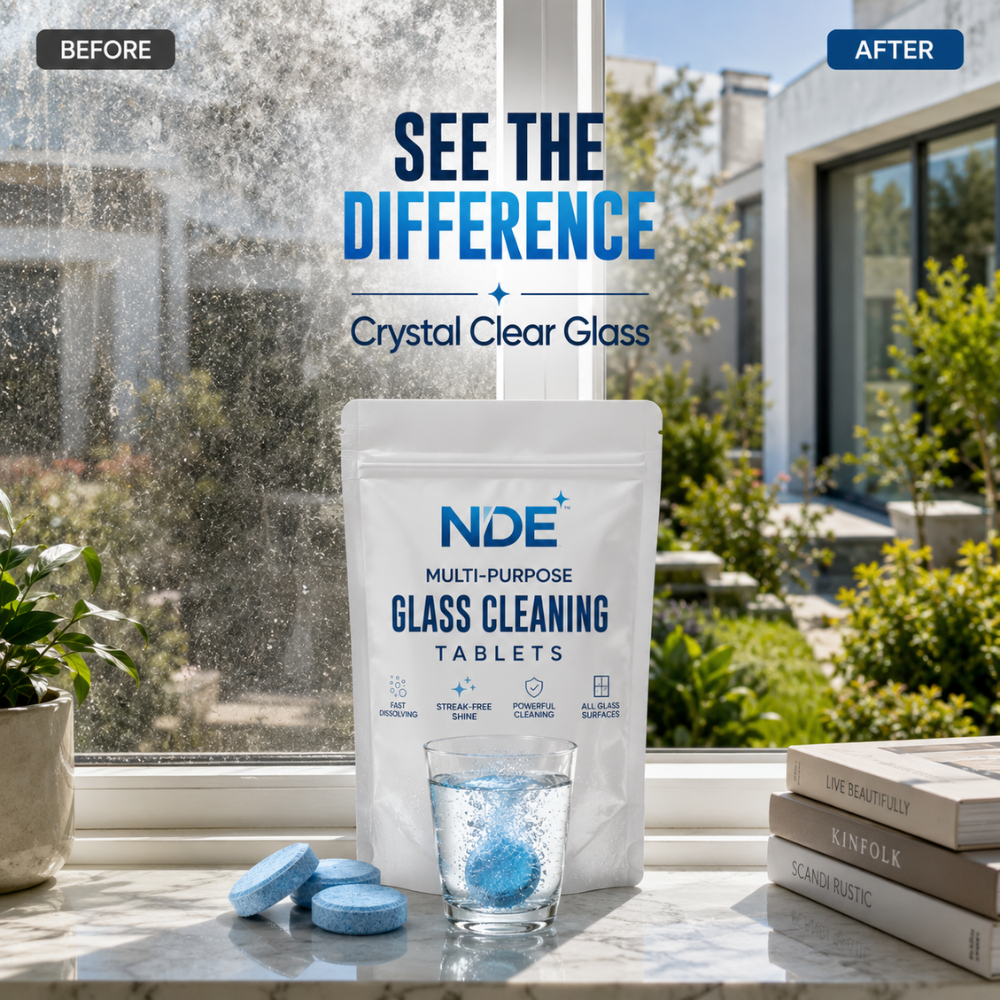 NDE Glass Cleaning Tablets beside spray bottle showing one tablet makes up to 4 liters of powerful glass cleaner.