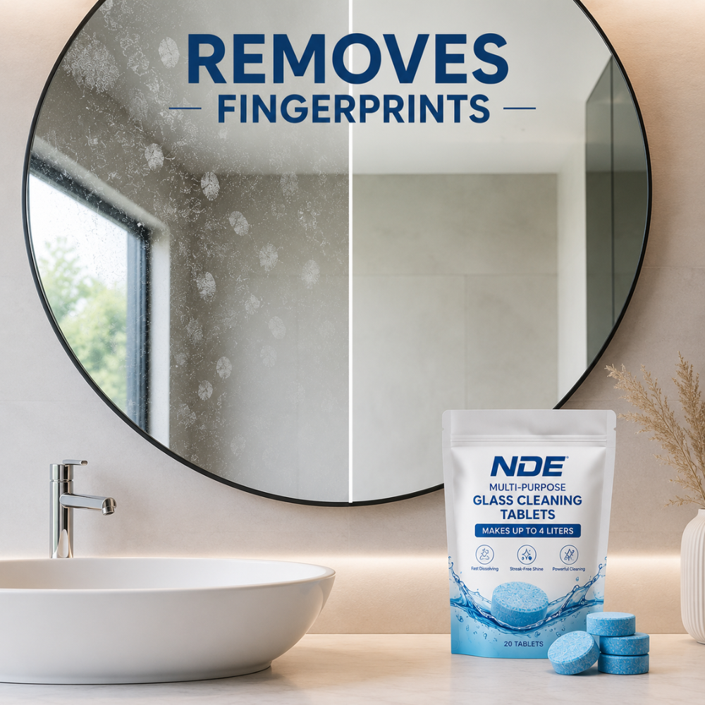 Bathroom mirror cleaned with NDE Glass Cleaning Tablets removing fingerprints for crystal clear shine.