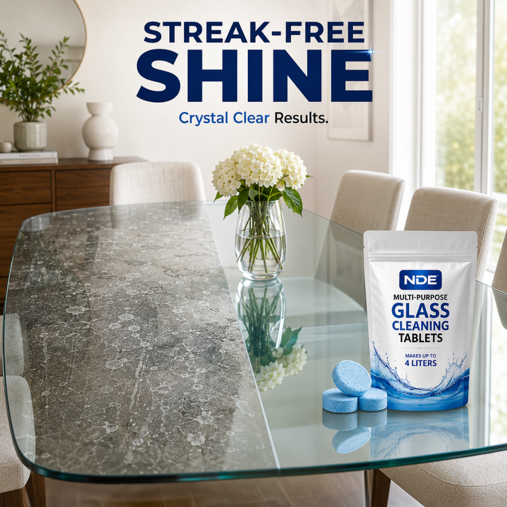 NDE Glass Cleaning Tablets delivering streak-free shine on glass windows and mirrors.