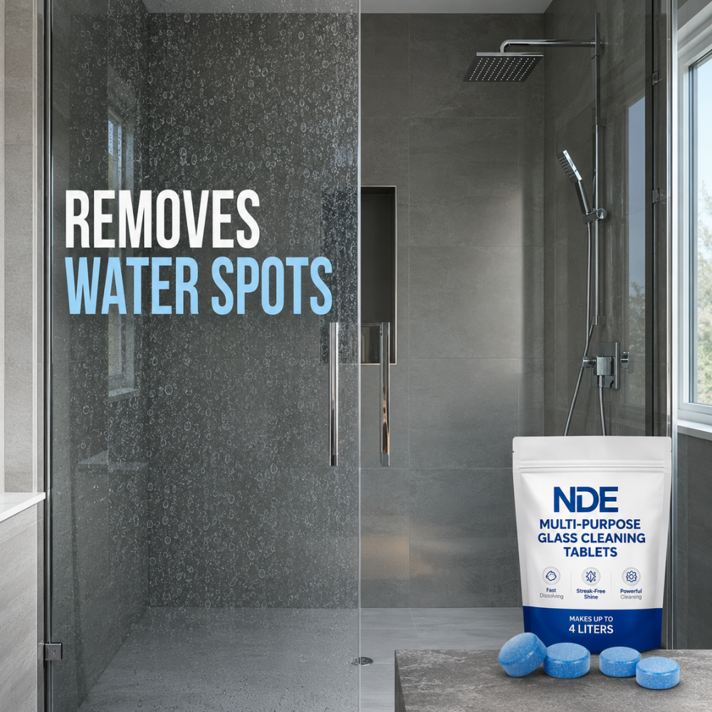 NDE Glass Cleaning Tablets removing water spots from shower glass for a spotless finish.