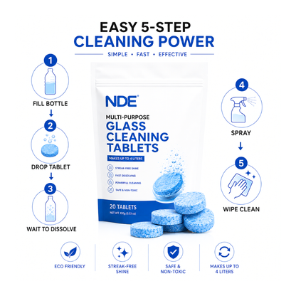 Four easy steps to prepare glass cleaner using fast dissolving NDE Glass Cleaning Tablets.