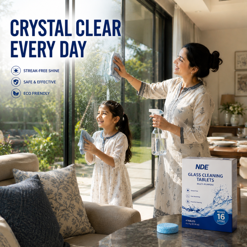 Happy family cleaning large glass windows using NDE Glass Cleaning Tablets for crystal clear everyday shine.