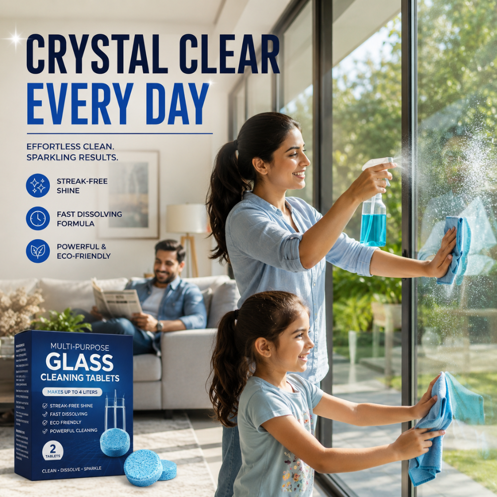 Mother and daughter cleaning home glass windows with NDE Glass Cleaning Tablets for streak-free results.