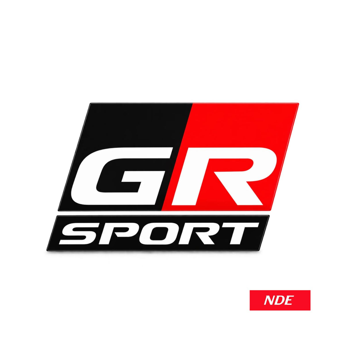 A black and red GR SPORT decal with white lettering, shown on a plain white background with a small red 'NDE' label in the bottom right corner.