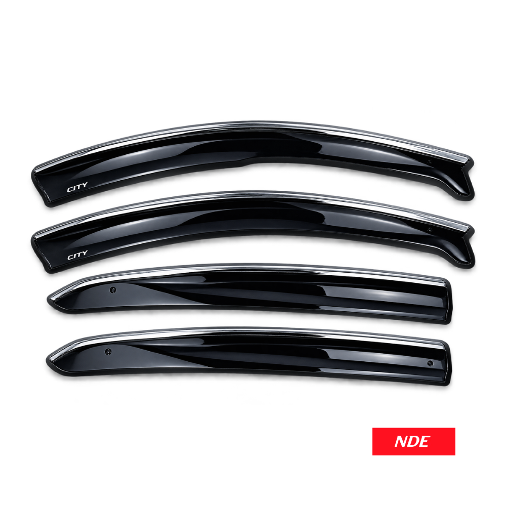 Four glossy black car window rain deflectors arranged horizontally on a white background, with a small red NDE logo in the bottom right corner.
