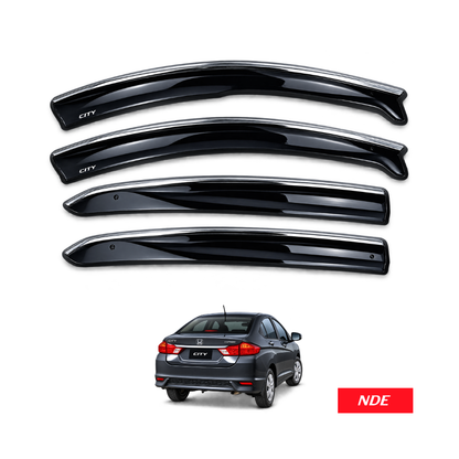 Four glossy black car window sun visor trim pieces with chrome edges, shown on a white background above a small Honda City car image and an NDE brand label.