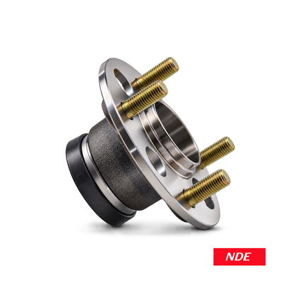 Honda City 2002–2008 rear wheel hub bearing shown at an angled front view A metal wheel hub assembly with four threaded studs, shown on a clean white background with an NDE logo badge in the bottom right corner.