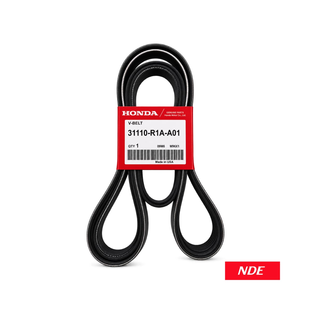 A black rubber V-belt with a red and white Honda paper label showing part number 31110-R1A-A01, displayed on a clean white background with an 'NDE' logo badge in the bottom right corner.