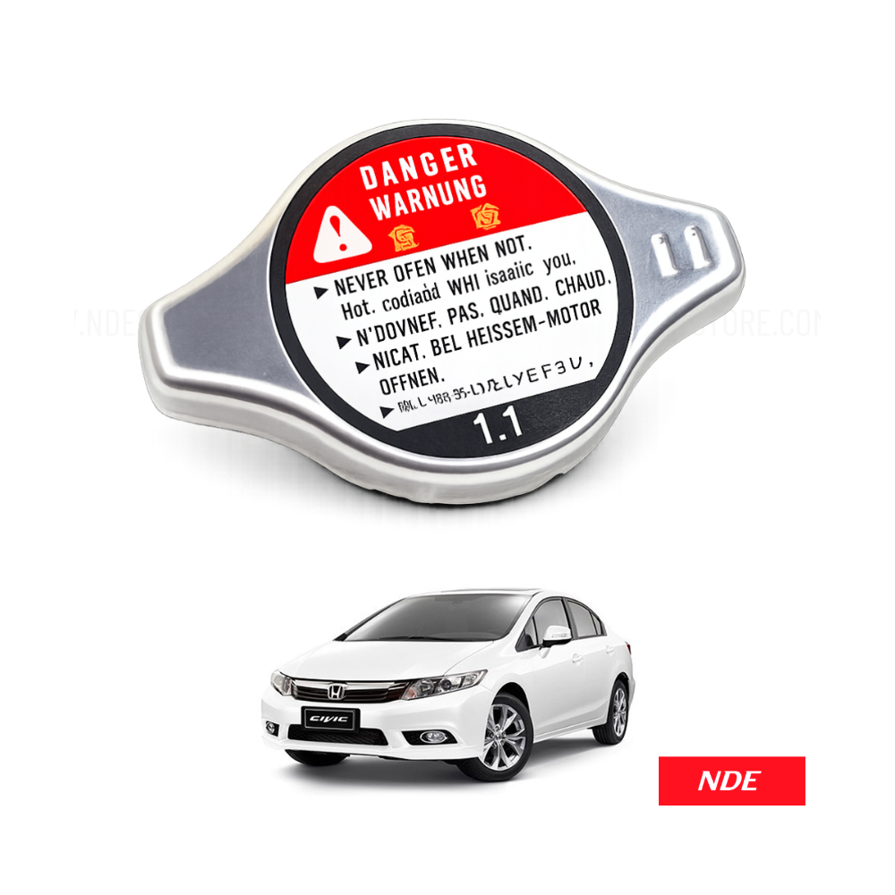 A silver metal radiator cap with a red, white, and black warning label, shown above a small white car illustration and a red 'NDE' brand badge on a white background.