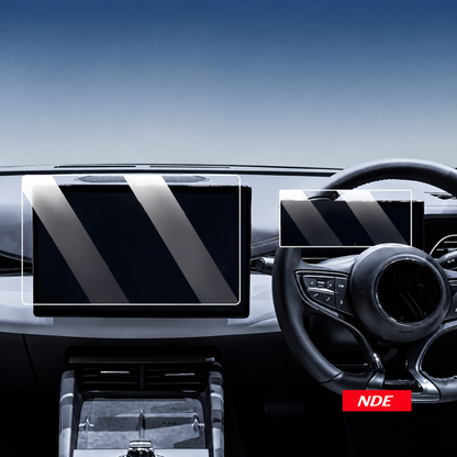 A clear screen protector with blue and green alignment labels is being applied to a car infotainment touchscreen by two hands inside a vehicle. Text at the top reads 'Easy To Stick & No Bubble' and a red badge at the bottom right says 'NDE'.