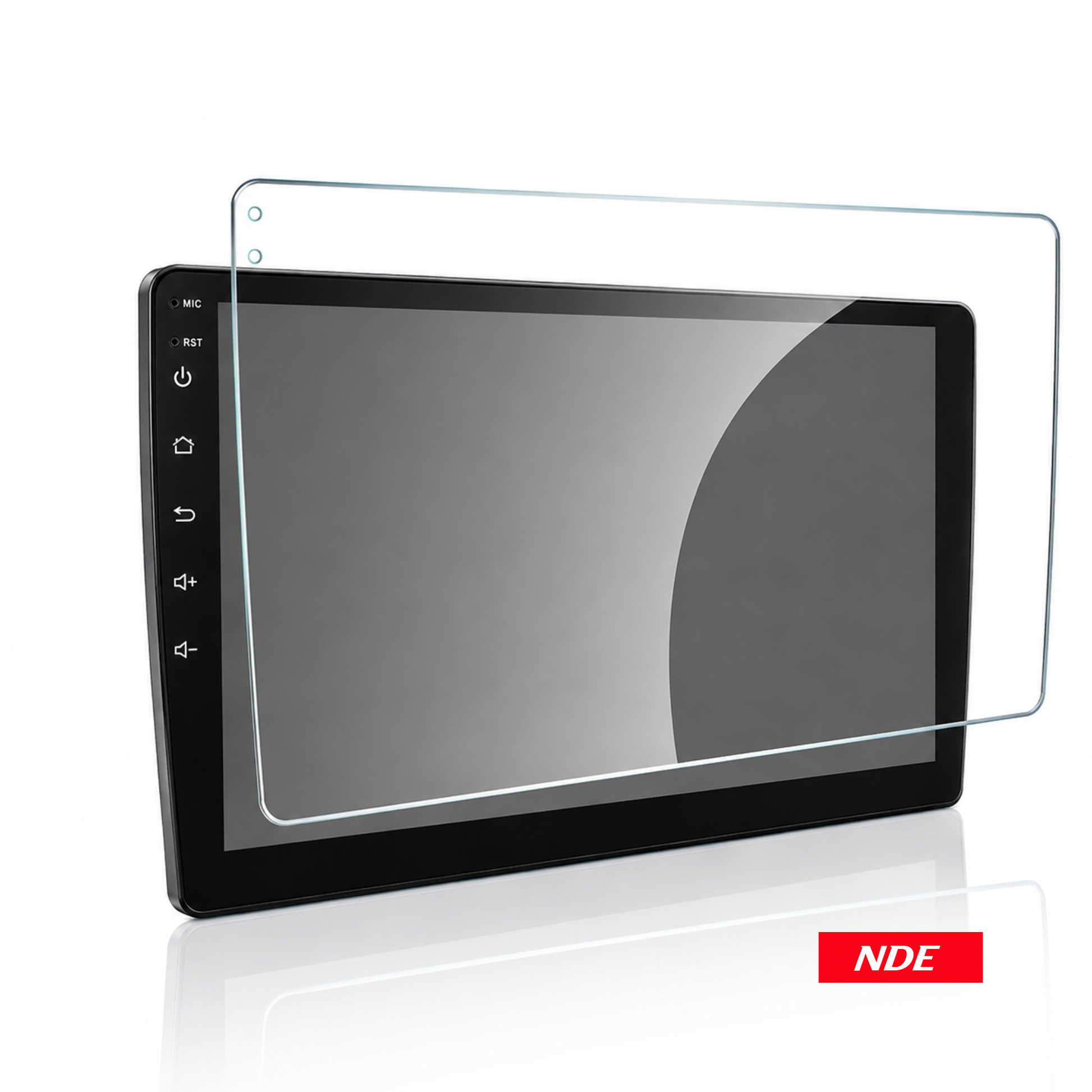BYD ATTO 3 Glass Protector A clear screen protector with blue and green alignment labels is being applied to a car infotainment touchscreen by two hands inside a vehicle. Text at the top reads 'Easy To Stick & No Bubble' and a red badge at the bottom right says 'NDE'.