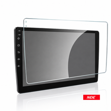 BYD ATTO 3 Glass Protector A clear screen protector with blue and green alignment labels is being applied to a car infotainment touchscreen by two hands inside a vehicle. Text at the top reads 'Easy To Stick & No Bubble' and a red badge at the bottom right says 'NDE'.