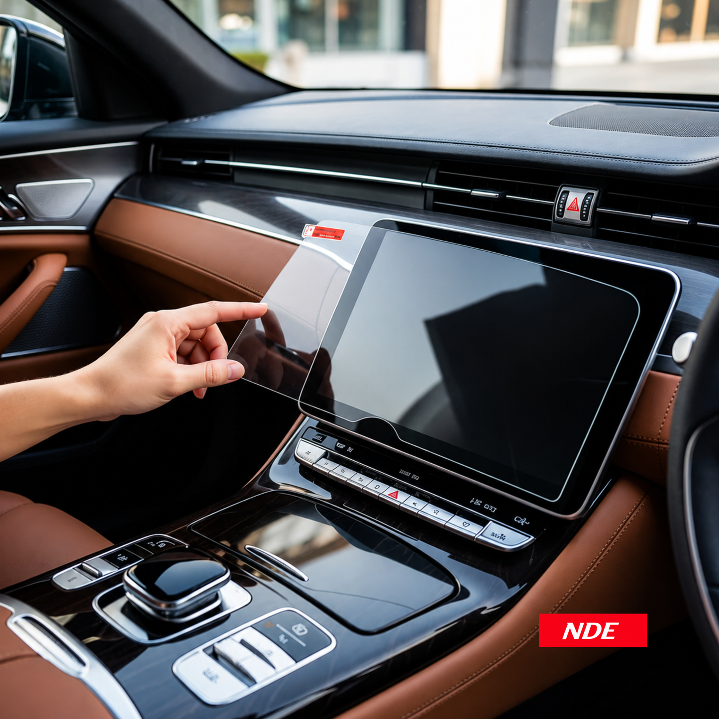 A clear screen protector with blue and green alignment labels is being applied to a car infotainment touchscreen by two hands inside a vehicle. Text at the top reads 'Easy To Stick & No Bubble' and a red badge at the bottom right says 'NDE'.