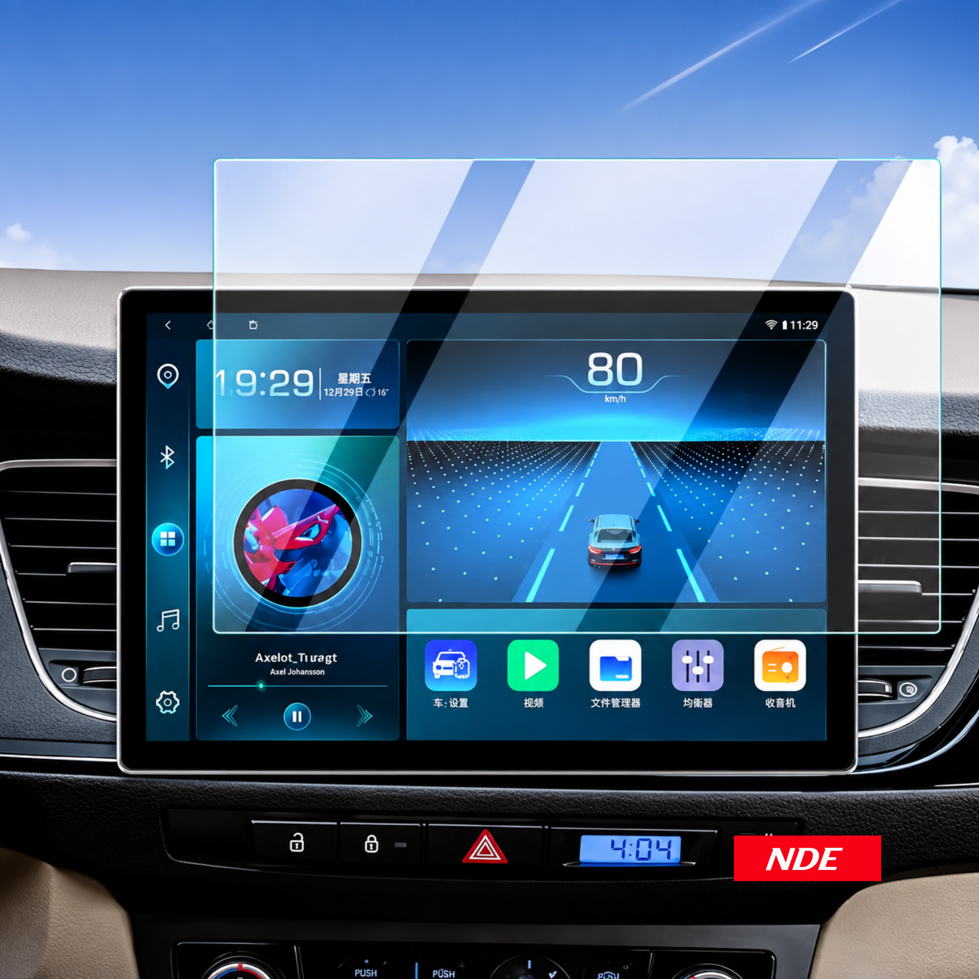 A clear screen protector with blue and green alignment labels is being applied to a car infotainment touchscreen by two hands inside a vehicle. Text at the top reads 'Easy To Stick & No Bubble' and a red badge at the bottom right says 'NDE'.