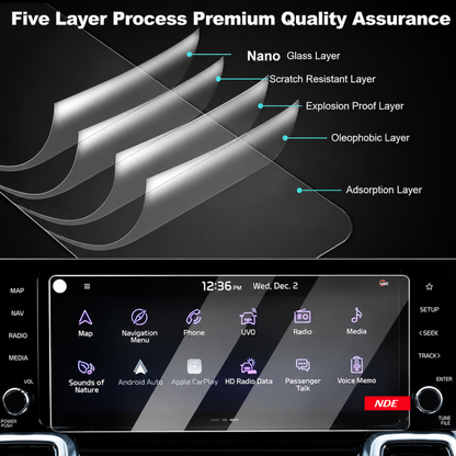 A clear screen protector with blue and green alignment labels is being applied to a car infotainment touchscreen by two hands inside a vehicle. Text at the top reads 'Easy To Stick & No Bubble' and a red badge at the bottom right says 'NDE'.