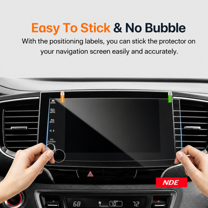 A clear screen protector with blue and green alignment labels is being applied to a car infotainment touchscreen by two hands inside a vehicle. Text at the top reads 'Easy To Stick & No Bubble' and a red badge at the bottom right says 'NDE'.