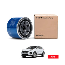 A blue and silver Kia genuine oil filter shown next to its brown cardboard packaging box, with a white Kia SUV and an 'NDE' logo badge below on a white background.