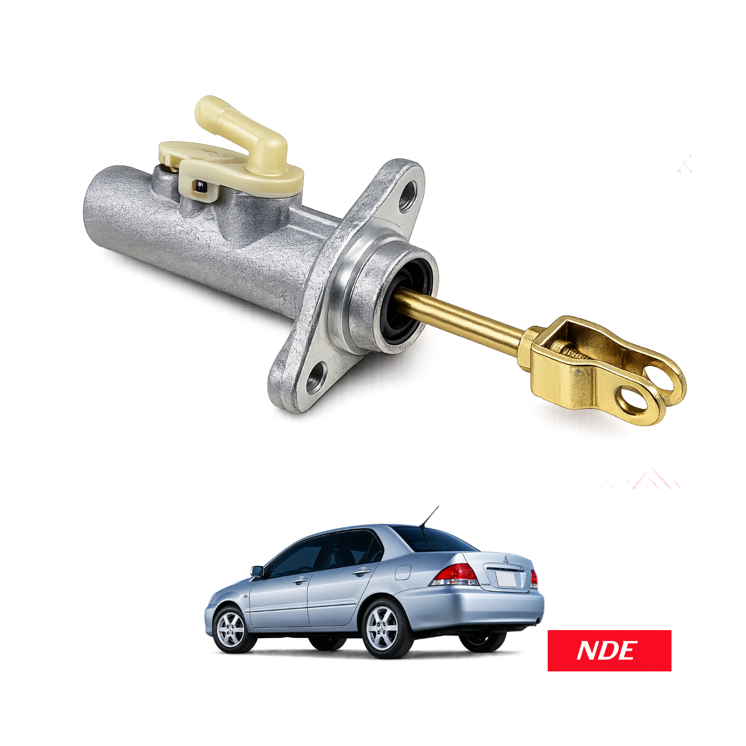 A silver metal automotive brake master cylinder with a brass-look rod and beige plastic lever, shown above a small blue sedan and an NDE brand label on a white background.