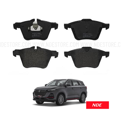 Set of brake pads with a car model and 'NDE' branding on a white background