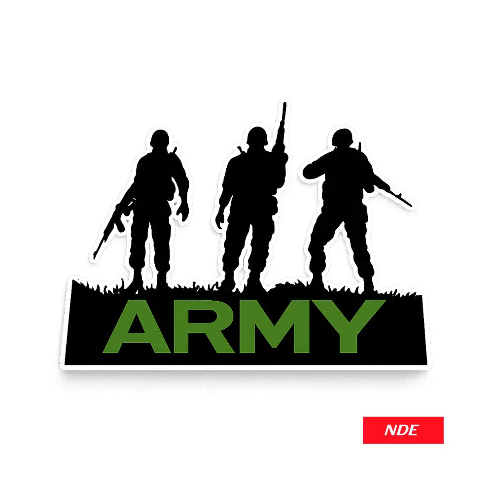 A rectangular sticker or decal featuring three black soldier silhouettes standing above the word "ARMY" in green, shown on a white background with a small red "NDE" label in the lower right corner.